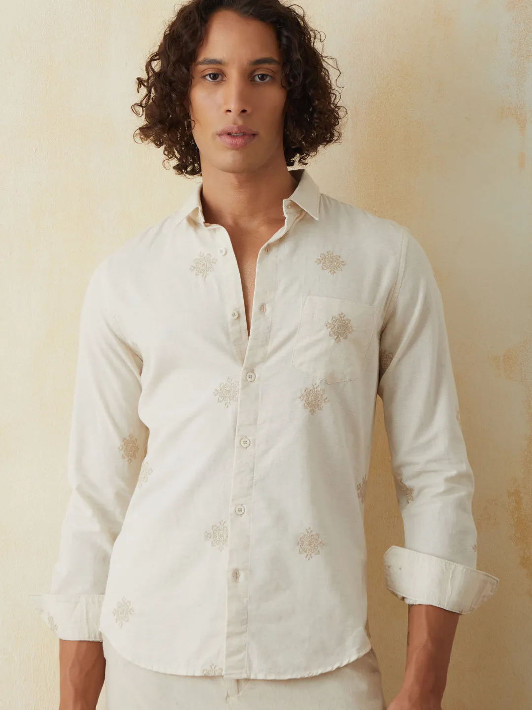 Natural Embroidered Plain Casual Shirt