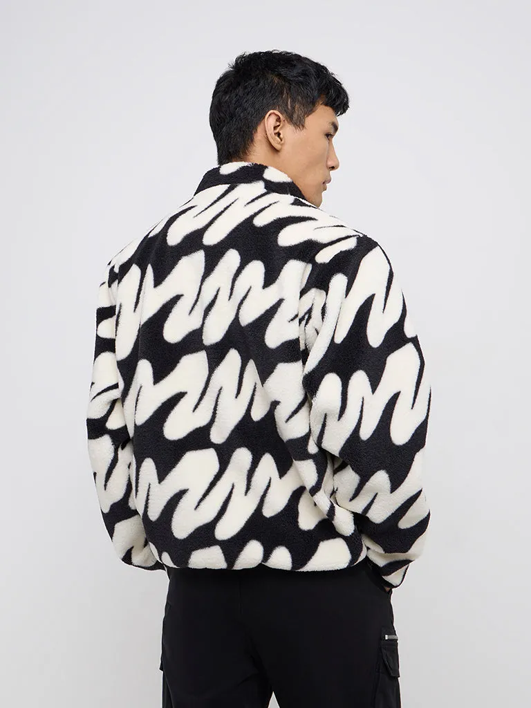 Nuon Black & White Abstract Relaxed-Fit Fleece Jacket