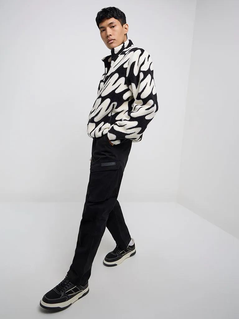 Nuon Black & White Abstract Relaxed-Fit Fleece Jacket