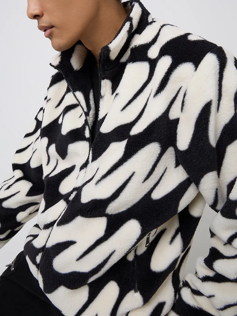 Nuon Black & White Abstract Relaxed-Fit Fleece Jacket