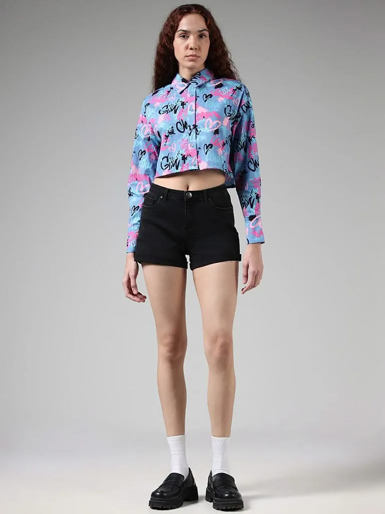 Nuon Multicolor Typographic Printed Cotton Crop Shirt