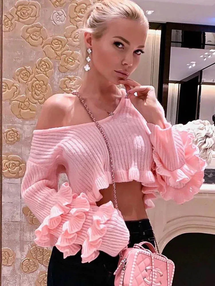 O-Neck Long Summer Pink Knitted Mini Slim Ruffles Sweater