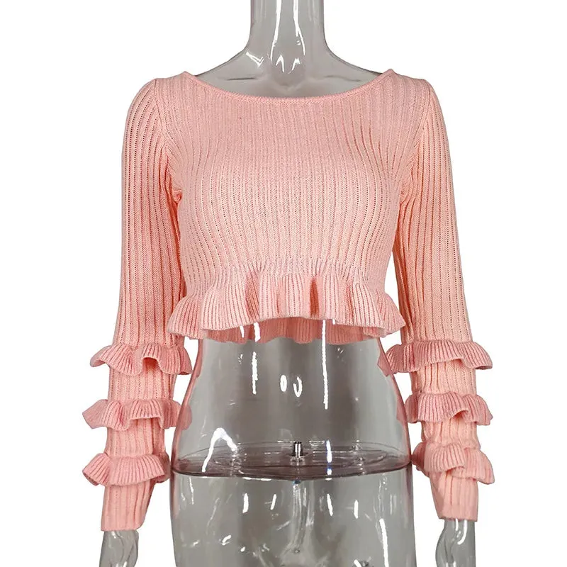 O-Neck Long Summer Pink Knitted Mini Slim Ruffles Sweater