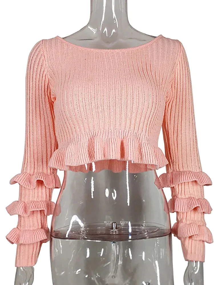 O-Neck Long Summer Pink Knitted Mini Slim Ruffles Sweater