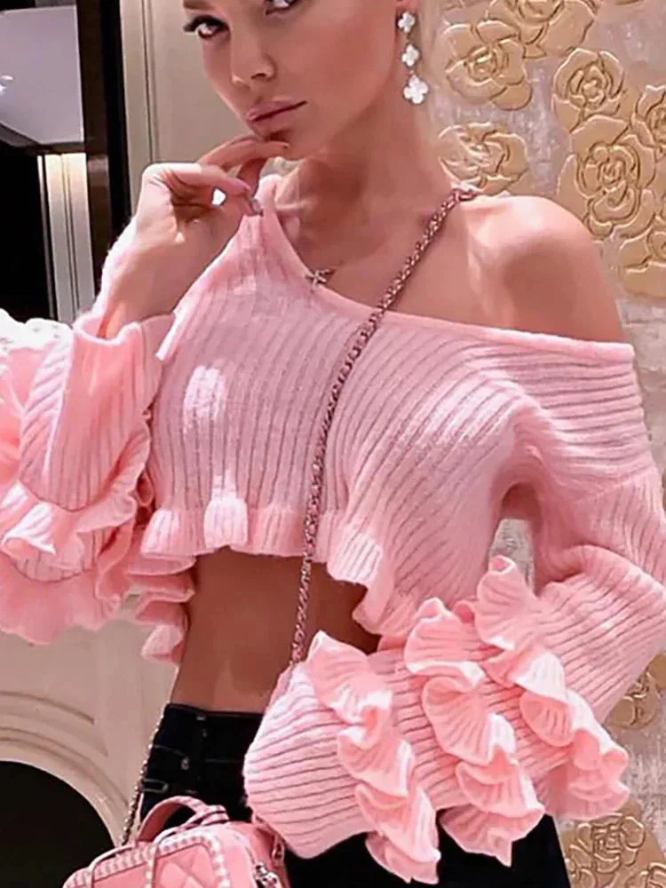 O-Neck Long Summer Pink Knitted Mini Slim Ruffles Sweater