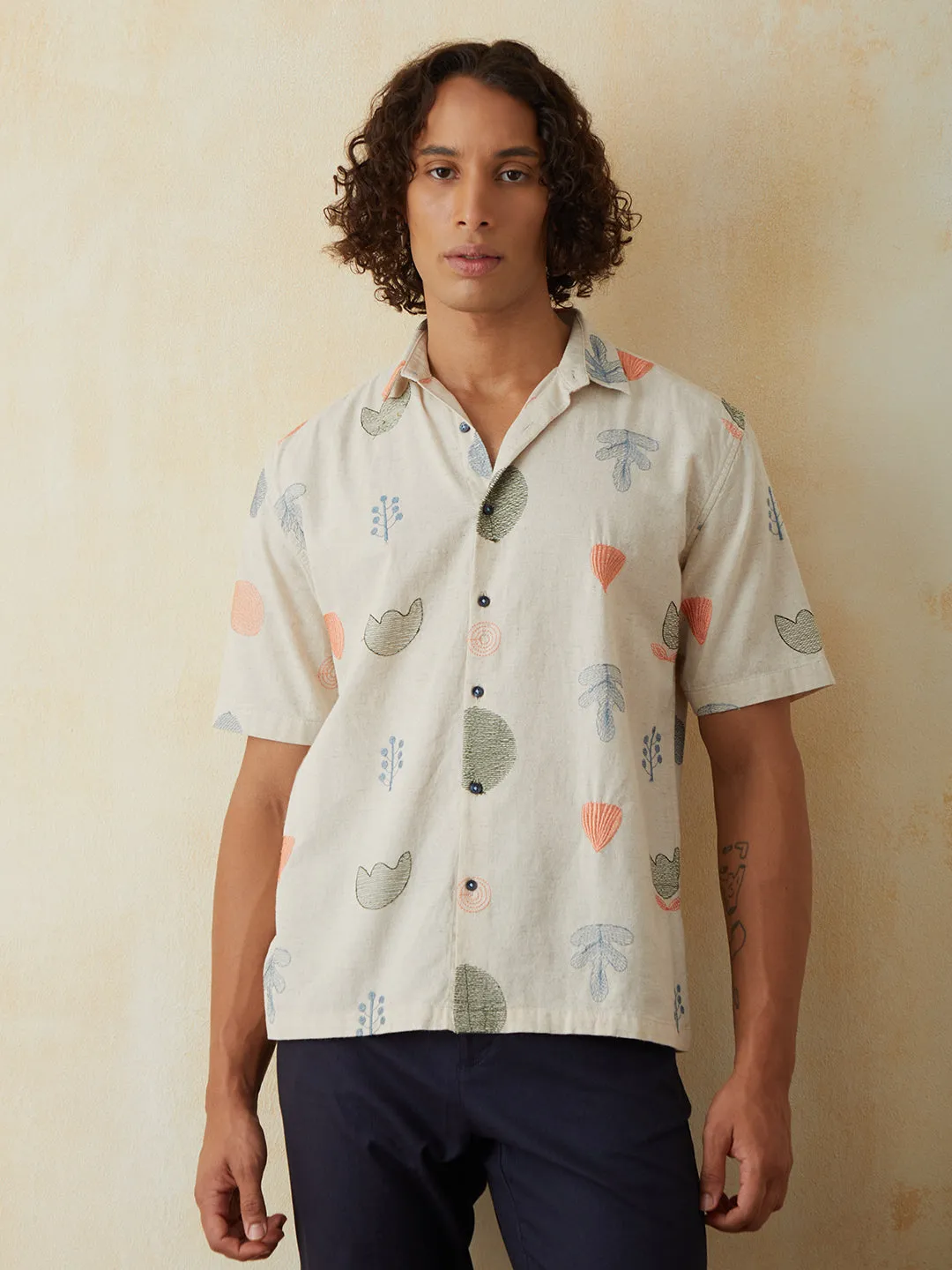 Off White Embroidered Resort Shirt