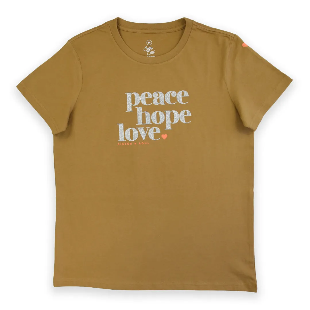 Peace Hope Love - Boxy Tee - Camel with Silver Glitter Print