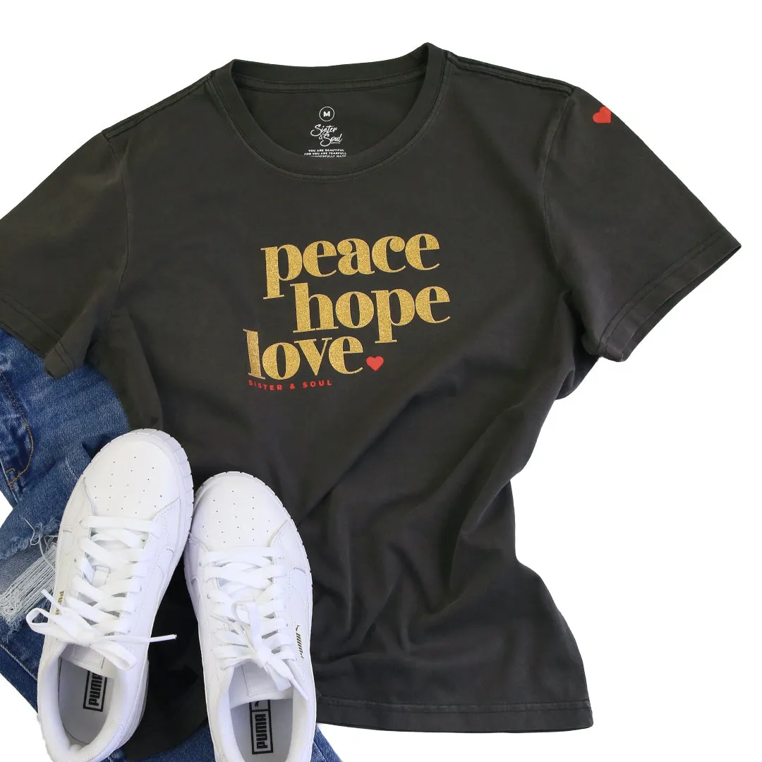 Peace Hope Love - Boxy Tee - Washed Look Black with Gold Glitter Print