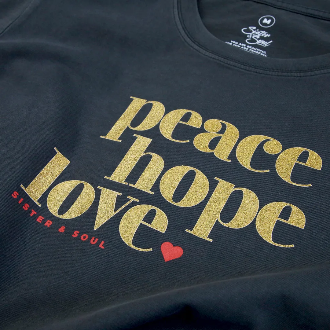 Peace Hope Love - Boxy Tee - Washed Look Black with Gold Glitter Print