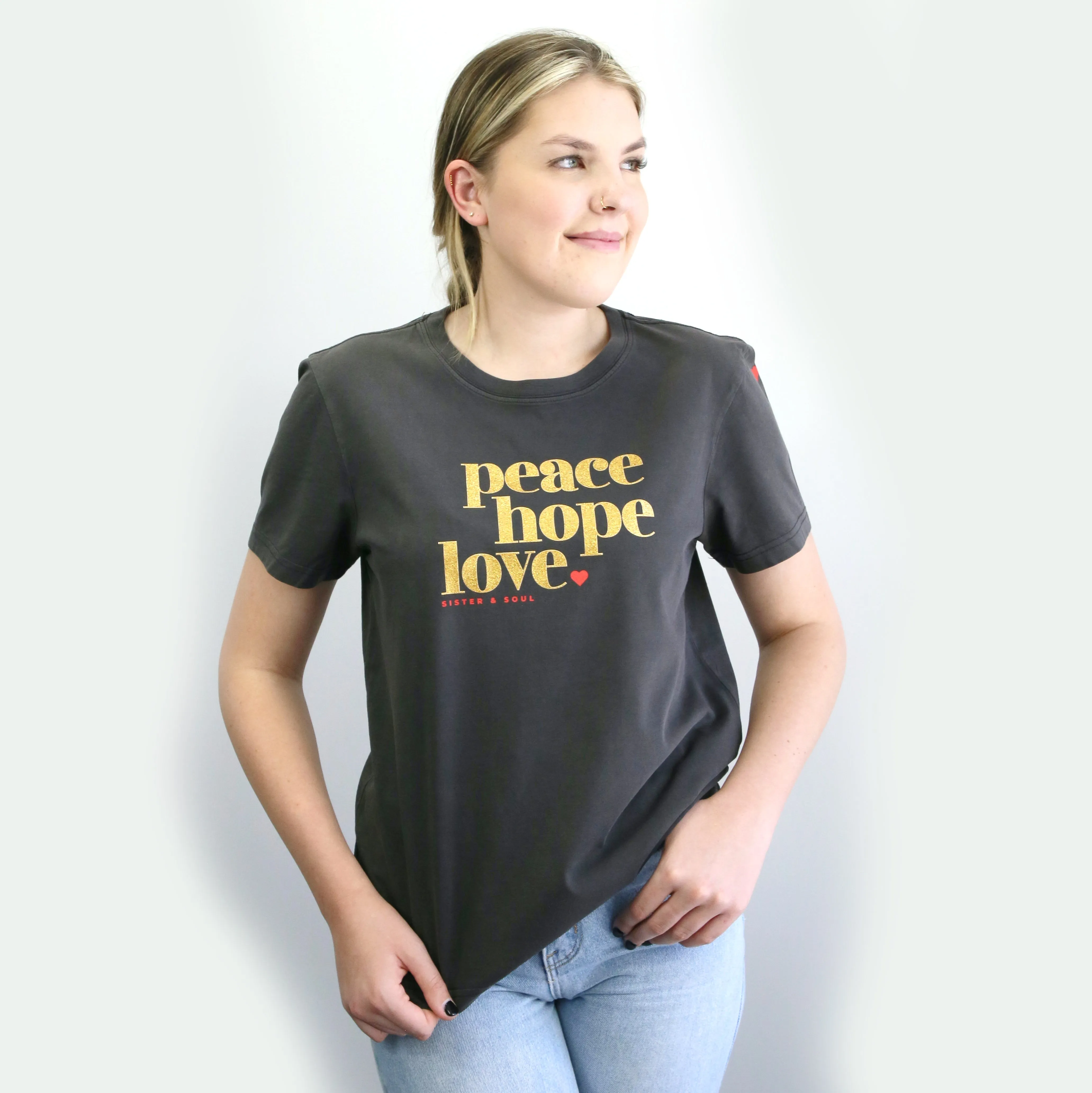 Peace Hope Love - Boxy Tee - Washed Look Black with Gold Glitter Print