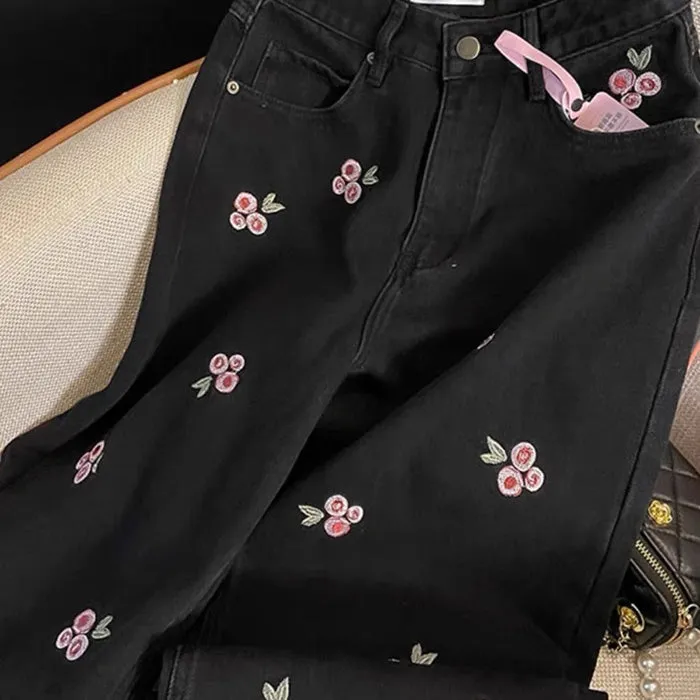 Pink Rose Embroidery Wide Leg Pants