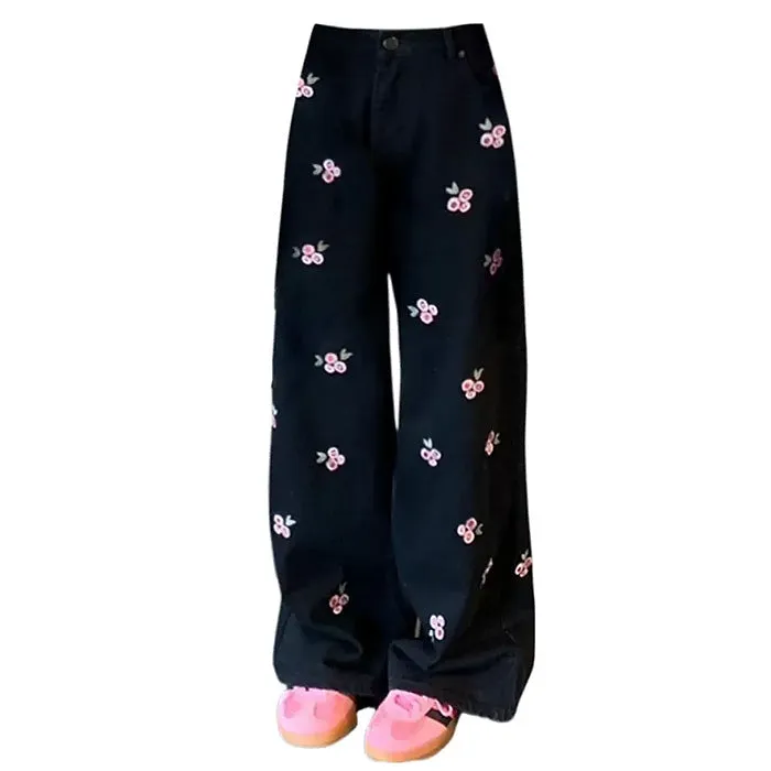 Pink Rose Embroidery Wide Leg Pants