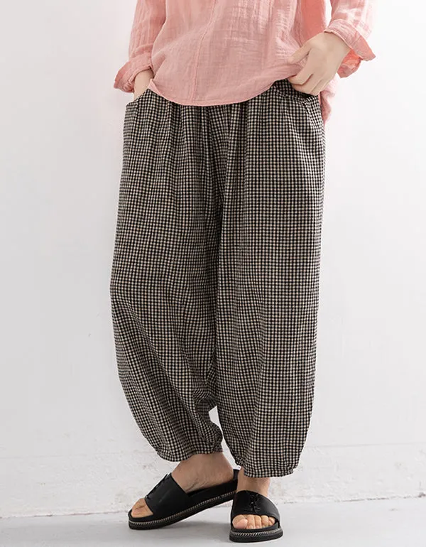 Plaid Wide-Leg Linen Cropped Pants