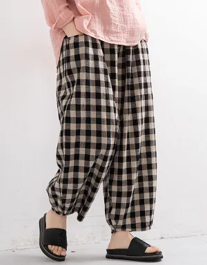 Plaid Wide-Leg Linen Cropped Pants