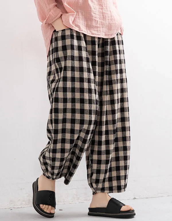 Plaid Wide-Leg Linen Cropped Pants