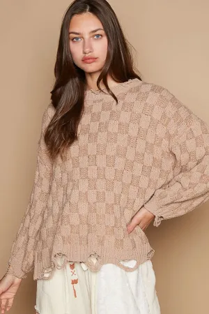 POL Solid Color Sweater with Weaved Fabric Details in Mocha Beige