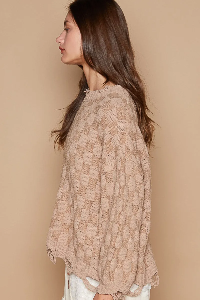 POL Solid Color Sweater with Weaved Fabric Details in Mocha Beige