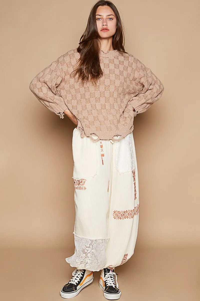 POL Solid Color Sweater with Weaved Fabric Details in Mocha Beige