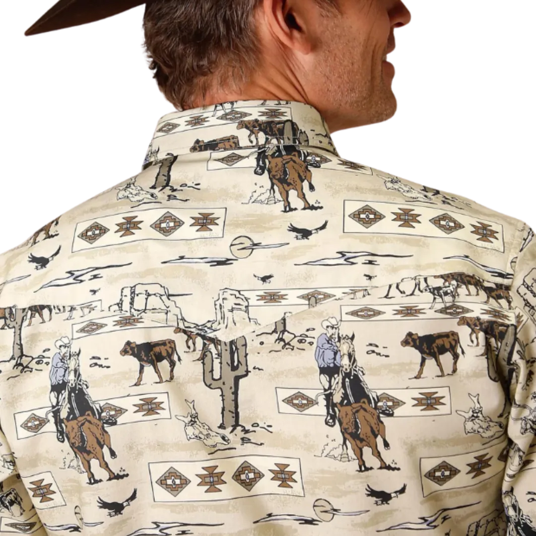 Roper Men's Vintage Postcard Print Brown Shirt