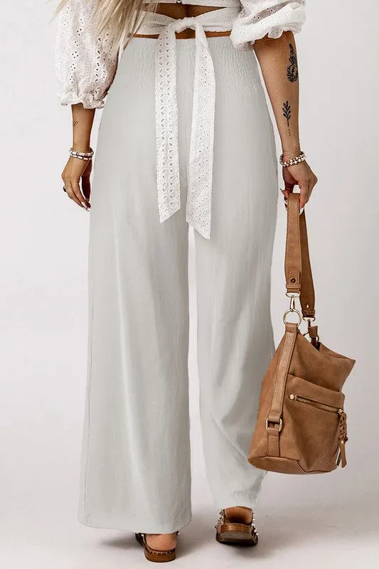 Smocked High Waist Wide Leg Pants with Flattering Waistband & Leg-elongating Design