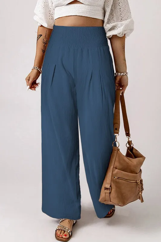 Smocked High Waist Wide Leg Pants with Flattering Waistband & Leg-elongating Design