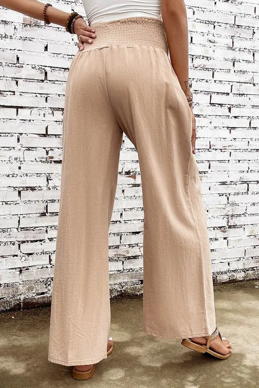 Smocked High Waist Wide Leg Pants with Flattering Waistband & Leg-elongating Design