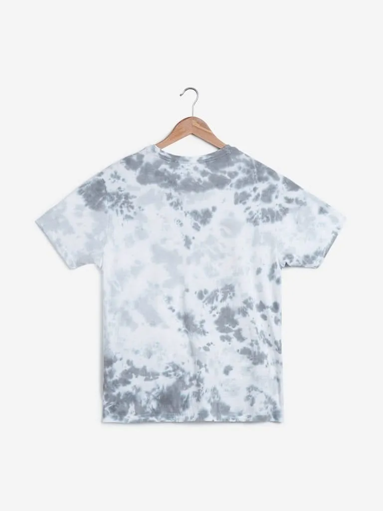 Studiofit Grey Tie-Dye And Text Slim-Fit T-Shirt