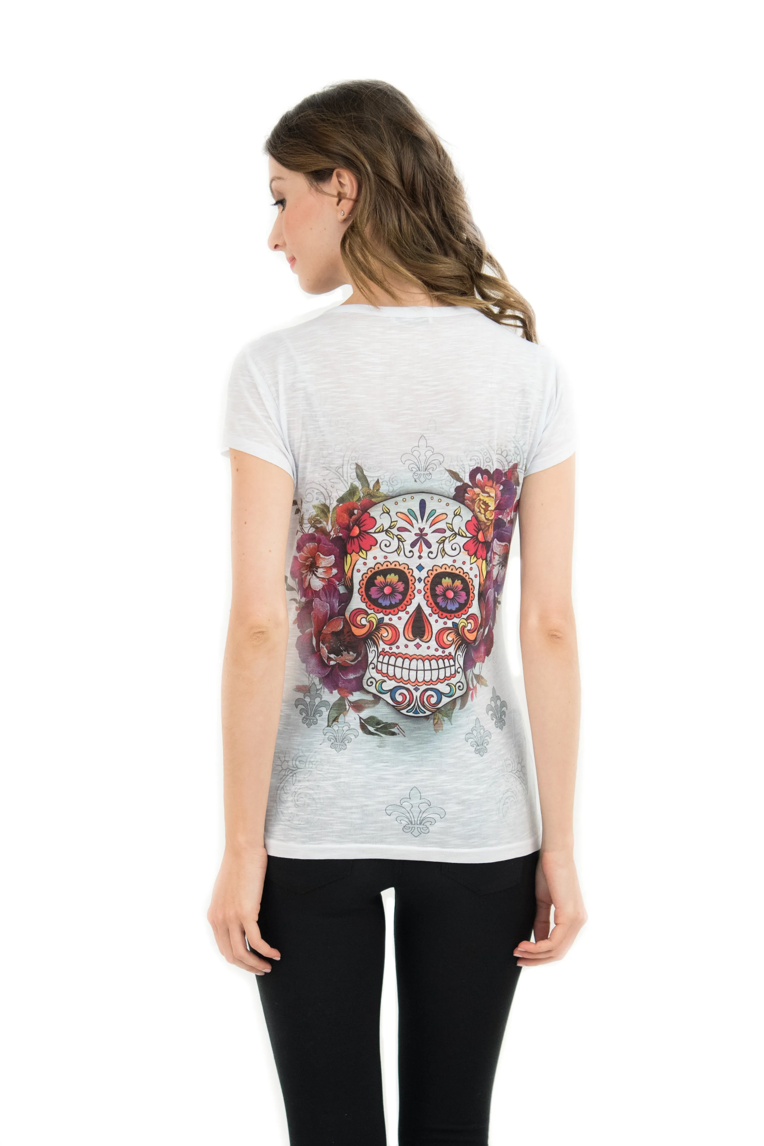 Sugar Skull V Neck T Shirt Tee Beautiful Print Decorated with Rhinestones - White