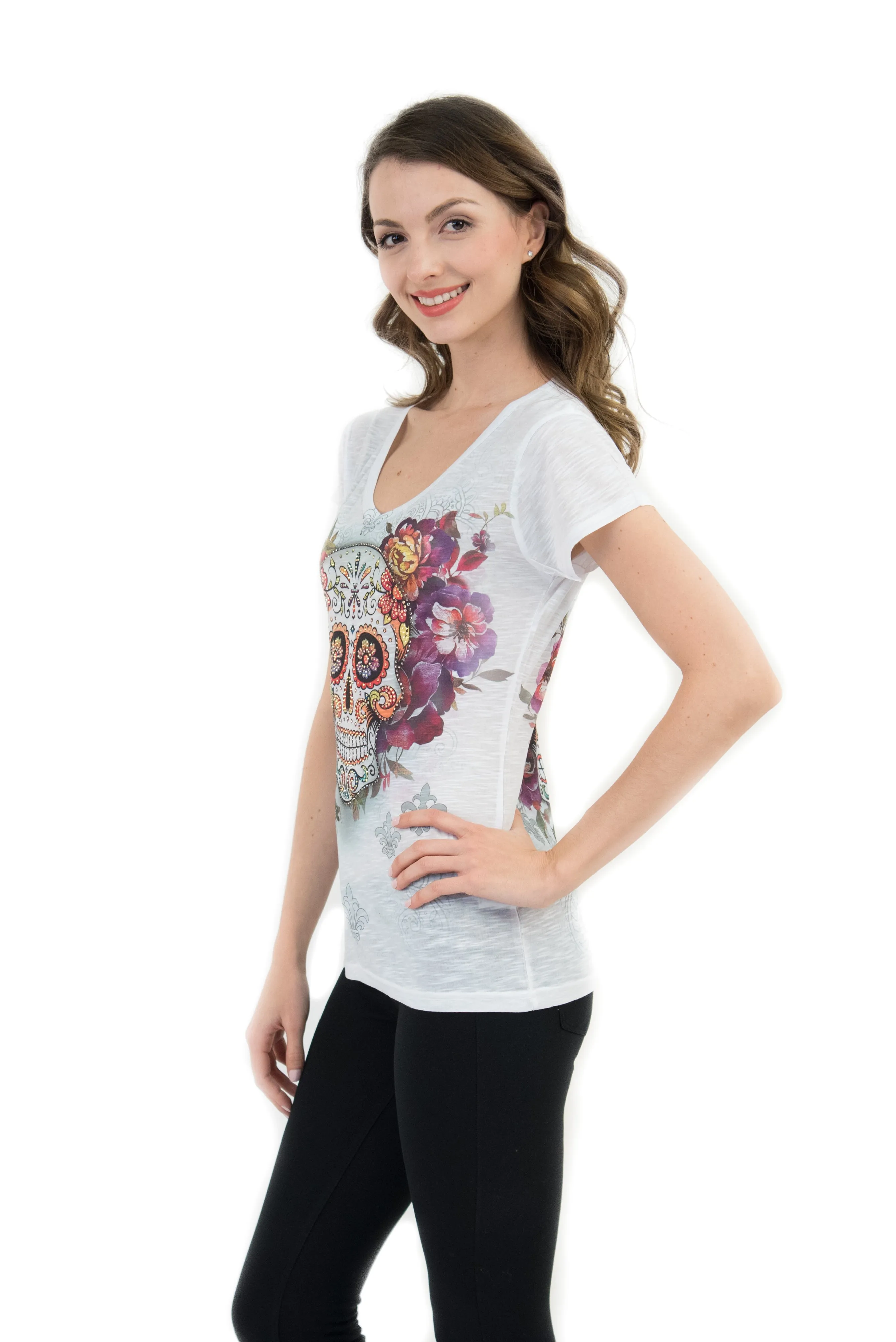 Sugar Skull V Neck T Shirt Tee Beautiful Print Decorated with Rhinestones - White