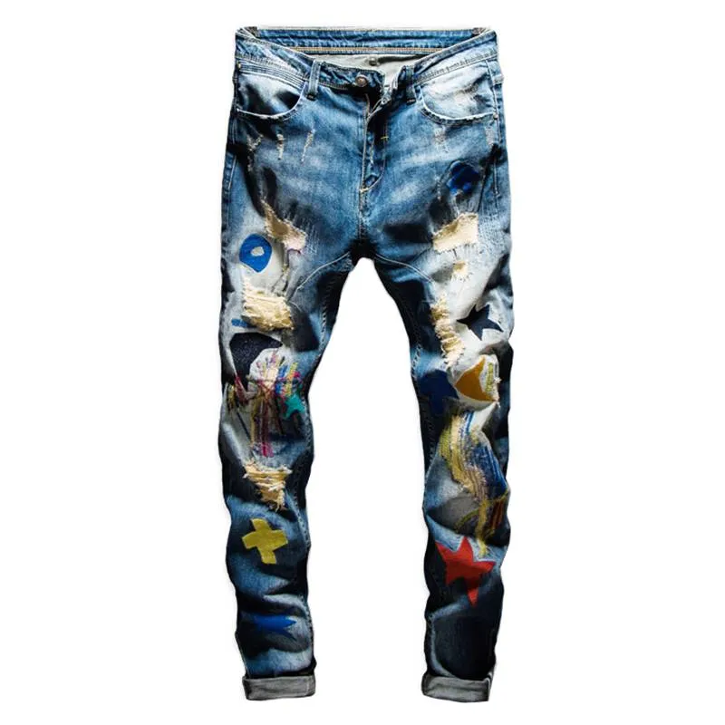 Trendy Colored Patchwork Ripped Slim Casual Style Men Jeans