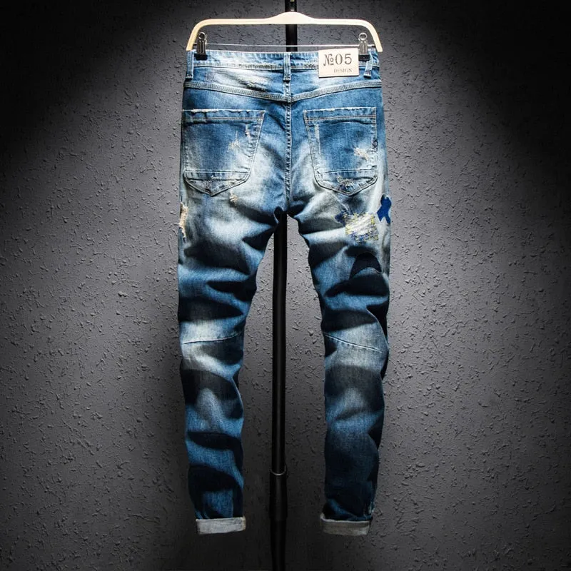 Trendy Colored Patchwork Ripped Slim Casual Style Men Jeans