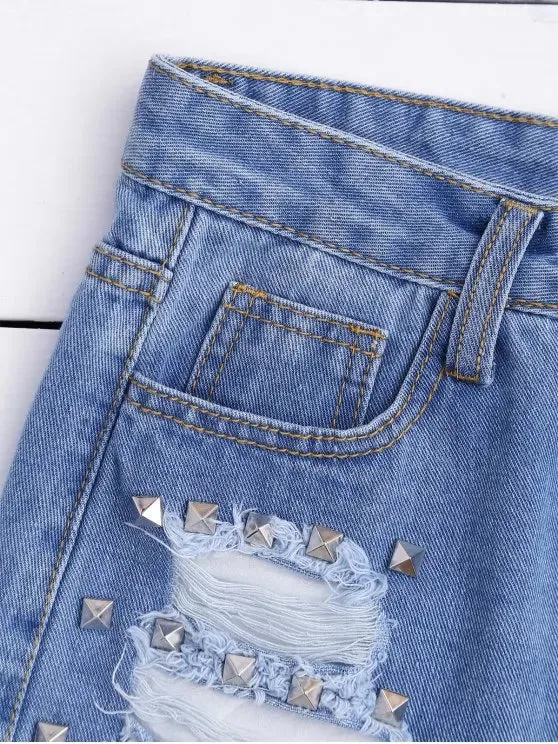 Trendy Ripped Cutoffs Rivet Denim Shorts