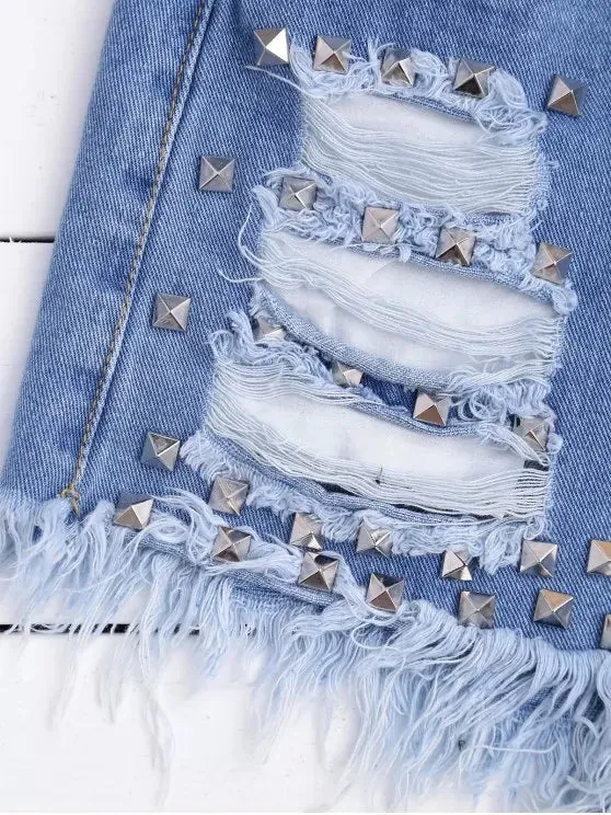 Trendy Ripped Cutoffs Rivet Denim Shorts