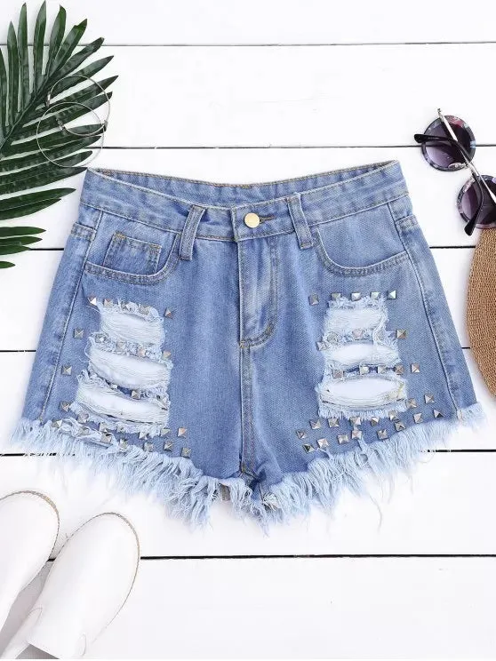 Trendy Ripped Cutoffs Rivet Denim Shorts