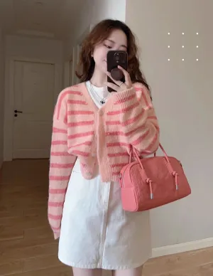 V-neck pink striped knitted cardigan jacket women's spring and autumn new sweater    S3385