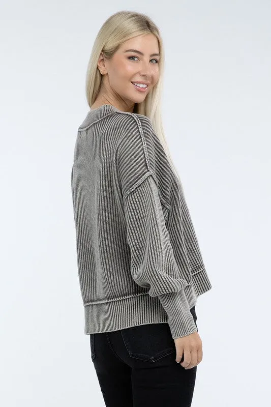 Washed Side Slit Oversized Cropped Sweater