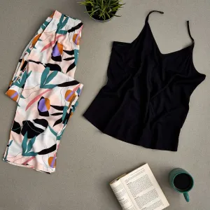 Women summer pajama set Black Top  Green leaves pants