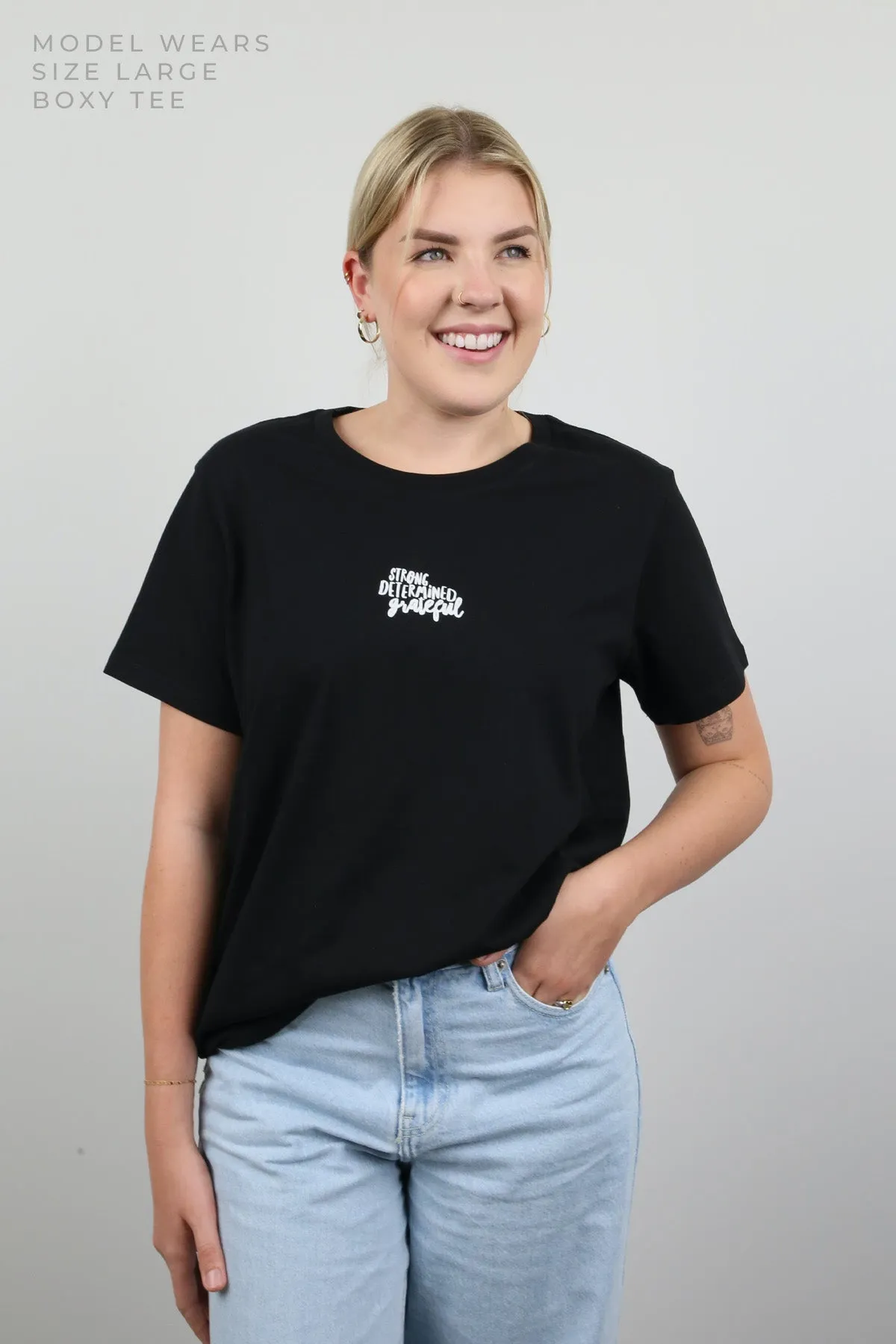 WORTHY BEAUTIFUL BRAVE - Black Boxy Tee - White Print